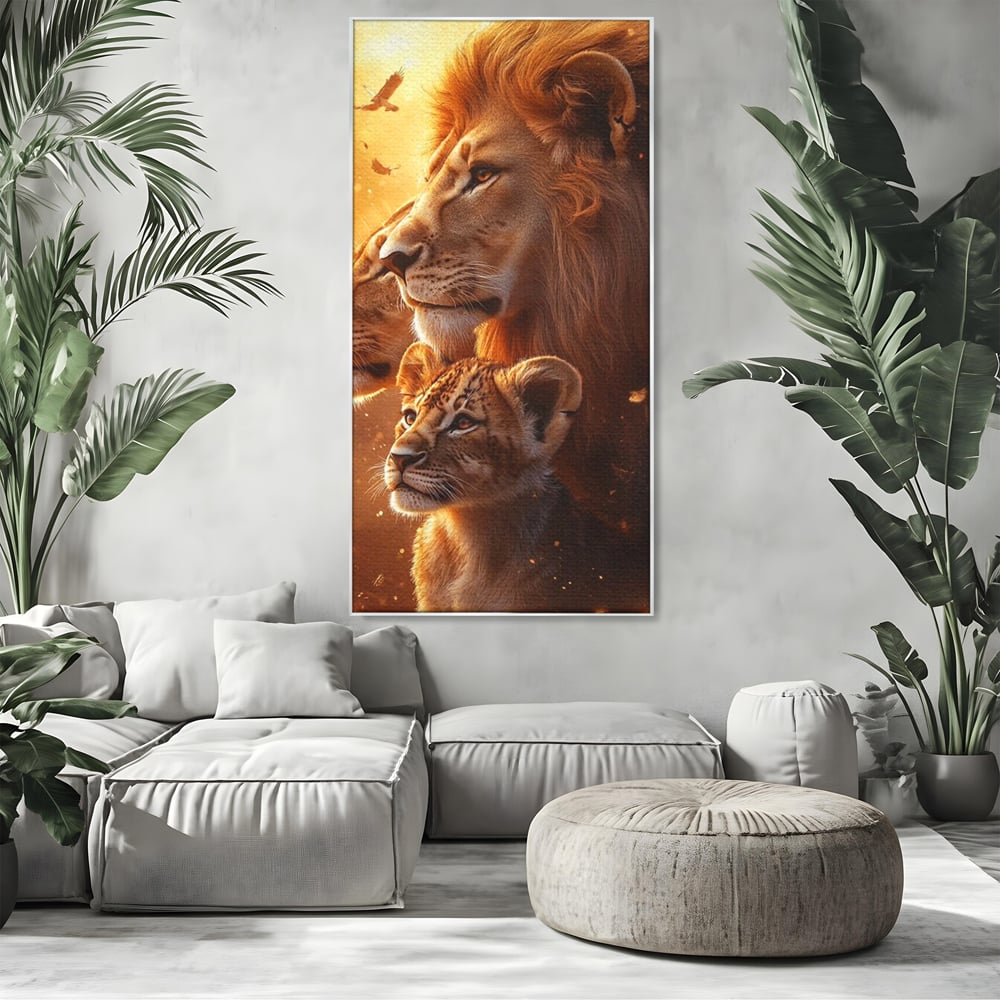 Tablou canvas cu tablou canvas cu lei in amurg, in rama de aluminiu argintiu, pe perete intr-un living
